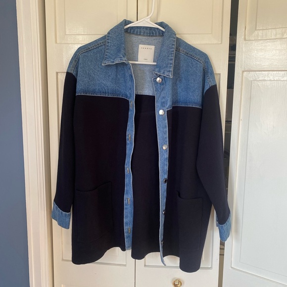 Sandro Gwenaelle Dual-Material Oversized Denim Jacket - Picture 3 of 6
